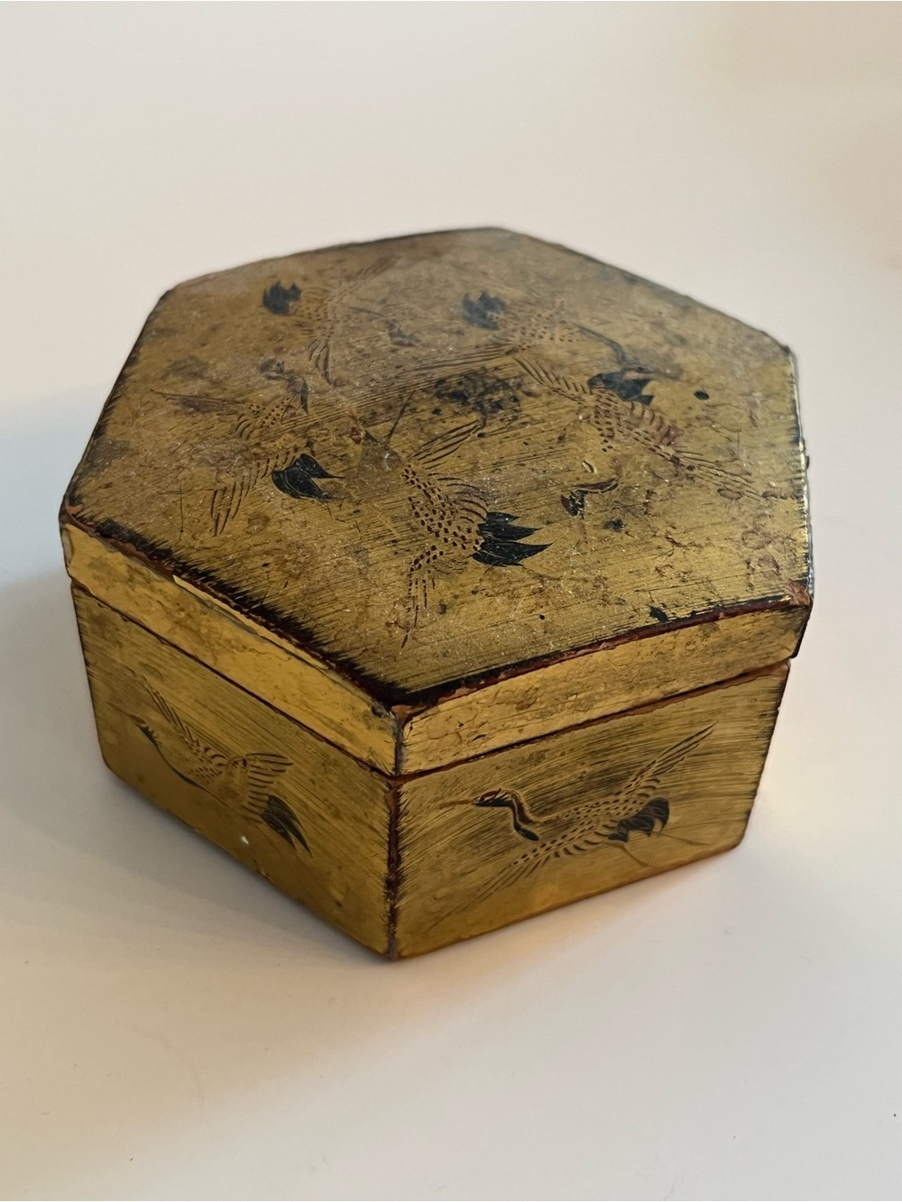 Vintage Japanese Lacquer Puzzle Box Hexagonal Gold Crane Ikko 7 Pc